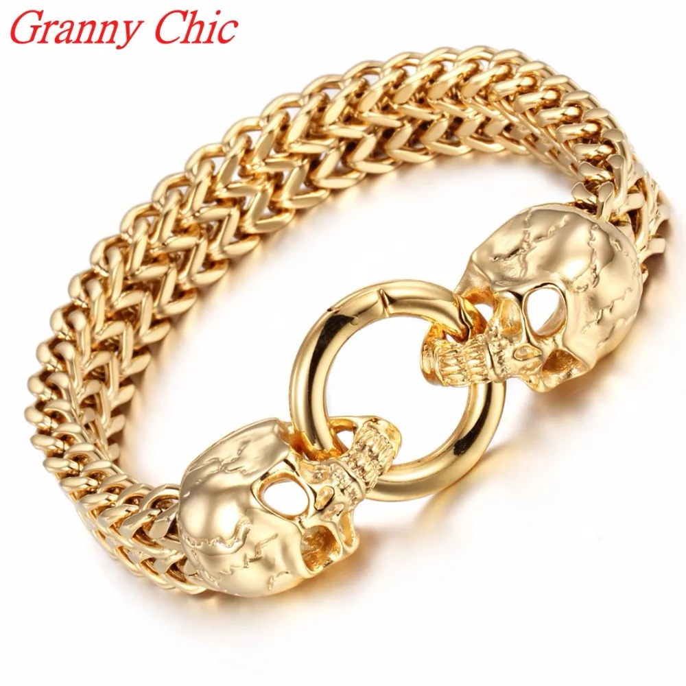 

Granny Chic High quality men 12mm bangles link chains Fashion 316L stainless steel Figaro Box Chain Skull Heads bracelet for man