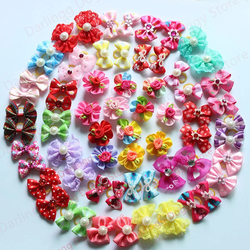

20pcs Pet Dog Puppy Cat Hair Bows with rubber bands Pearls&Flowers Handmade Hair bows Dog Grooming Dog Hair Accessories