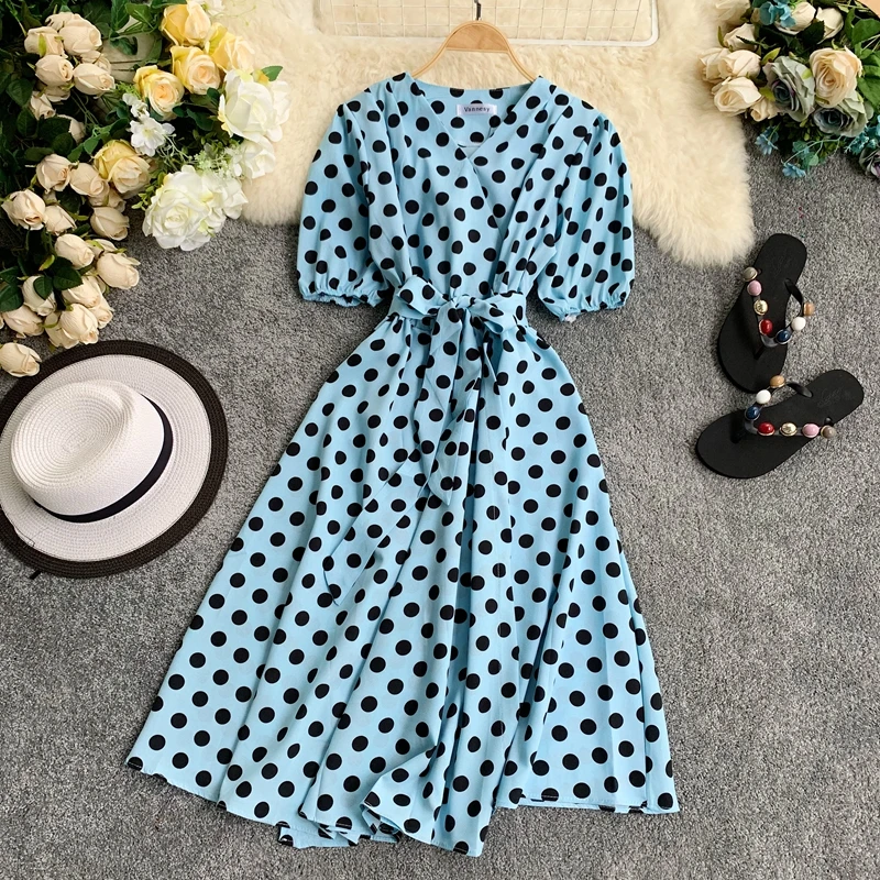 Women Summer Fashion Casual Short Sleeve V Neck Sash Decoration Sweet Retro Vintage Polka Dot Print Knee Length Dress
Women Summer Fashion Casual Short Sleeve V Neck Sash Decoration Sweet Retro Vintage Polka Dot Print Knee Length Dress