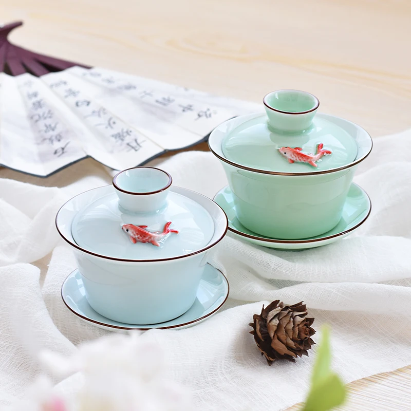140 мл короткие одноцветные керамические фарфоровые тисненые мини рыбки Gaiwan