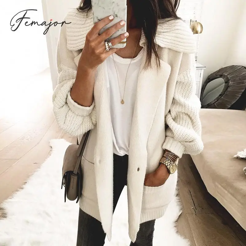 Femajor Women White Cardigans 2019 Autumn Winter Turn Down Collar Pockets Knitwear Fashion Lantern Sleeve Knitted Jacket |