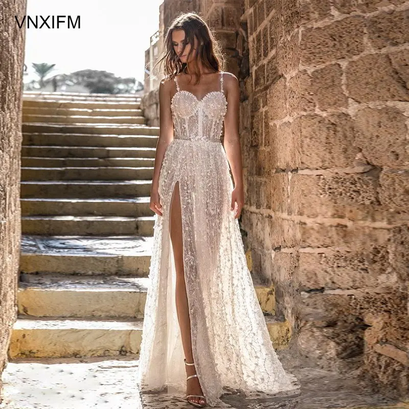 VNXIFM 2019-bridal-sleeveless-thin-strap-sweetheart-neckline-full-bustier-slit-skirt-romantic-sexy-a-line-wedding-dress | Свадьбы и