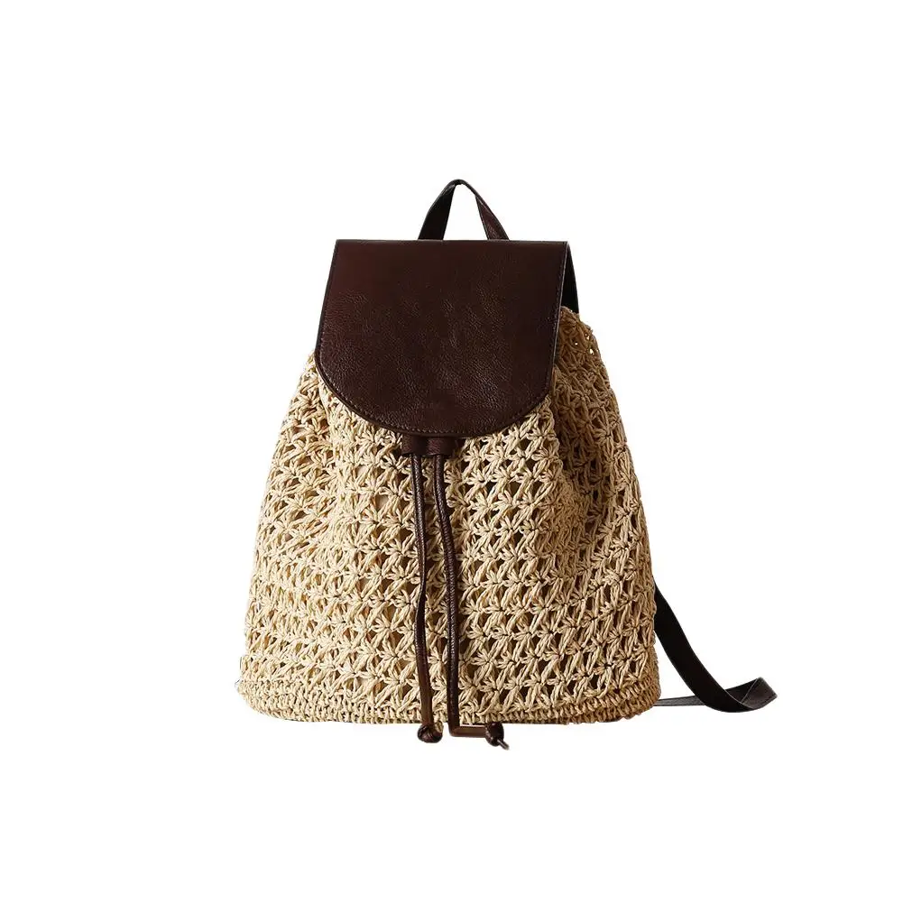 Фото Плетеный пляжный рюкзак из соломы и кожи модная винтажная - купить