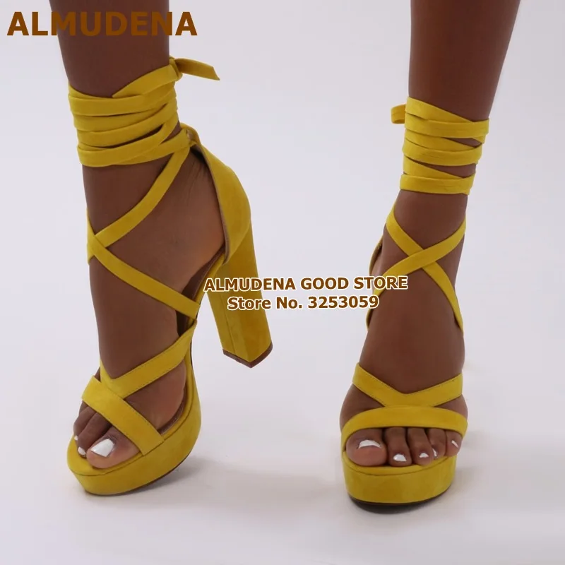 ALMUDENA Top Quality Yellow Suede Platform Chunky Heels Gladiator Sandals Lace-up Cross Strappy Banquet Shoes Nightclub Pumps
ALMUDENA Top Quality Yellow Suede Platform Chunky Heels Gladiator Sandals Lace-up Cross Strappy Banquet Shoes Nightclub Pumps