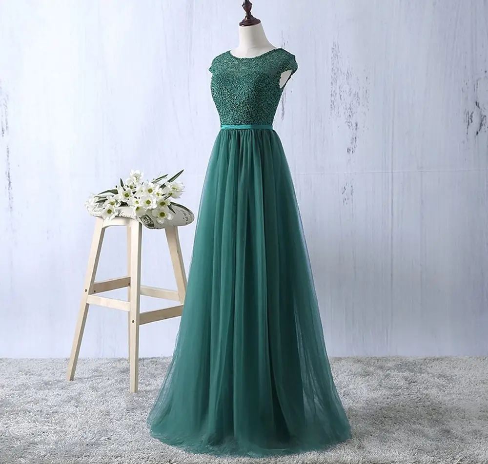 Vestido de festa торжественное вечернее платье 2019 зеленое из тюля с аппликацией для