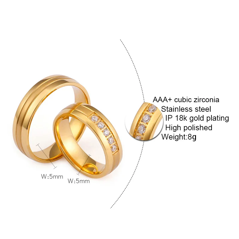 Alliance Wedding Rings Cubic Zirconia Couple for Women and Men Gold Color Stainless Steel Lover Anniversary Jewelry | Украшения и