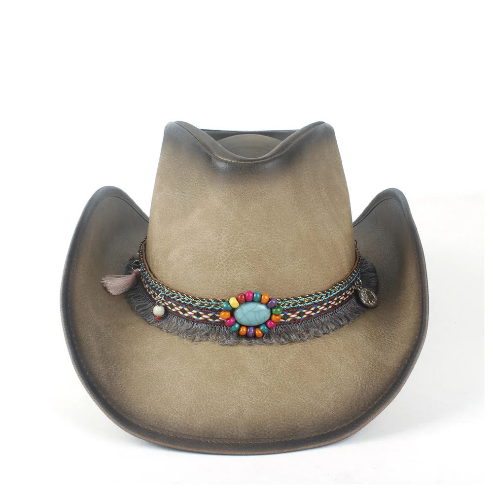 Women's Men's Winter Leather Cowboy Western Cowgirl Fedora Hat Tassel Turquoise Bead Band | Аксессуары для одежды