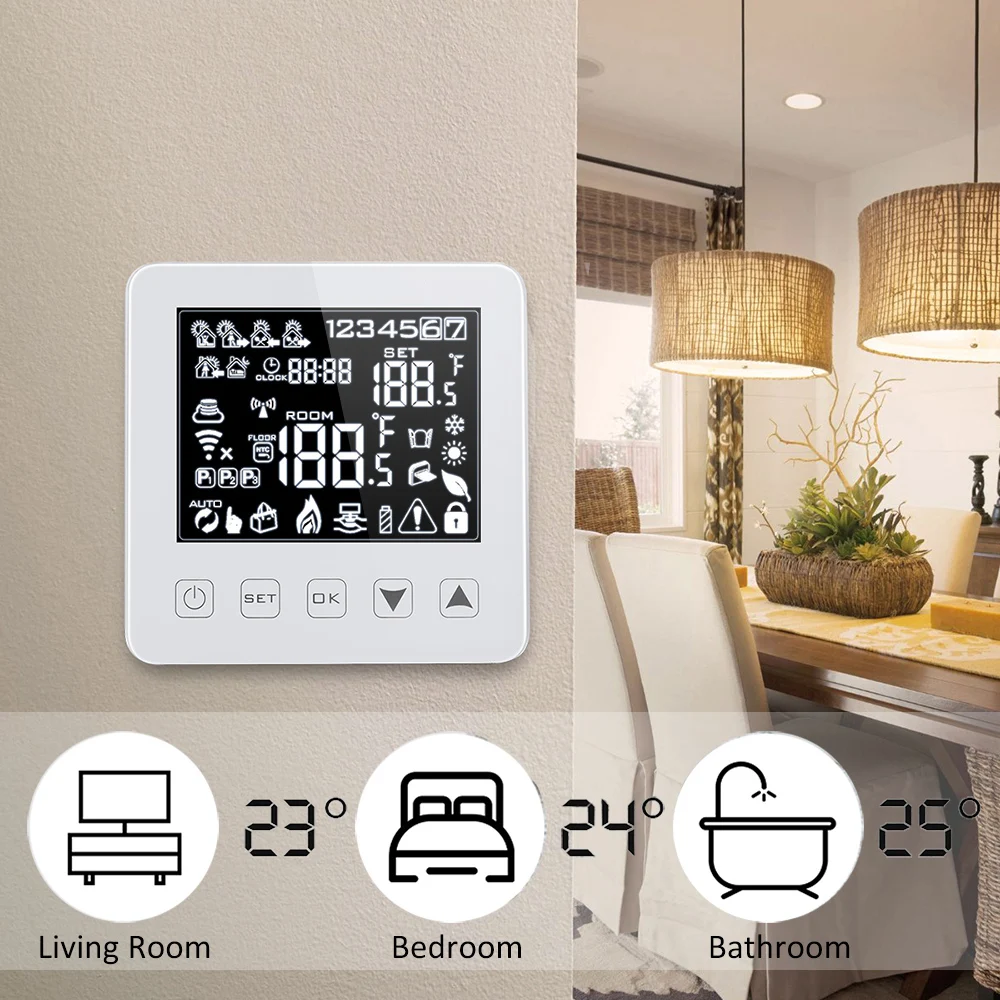 Alexa Programmable Smart WiFi Thermostat for Water/Gas Boiler Heating Floor Touchscreen Room Temperature Controller
Alexa Programmable Smart WiFi Thermostat for Water/Gas Boiler Heating Floor Touchscreen Room Temperature Controller
