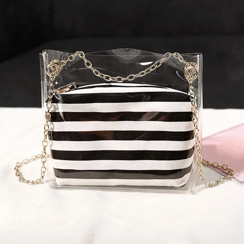 Fashion Shoulder Bag Female Sweet Women Composite Bags Metal Chain PVC Transparent Handbag Striped Purse Gift Lady's Bag Bolsas
Fashion Shoulder Bag Female Sweet Women Composite Bags Metal Chain PVC Transparent Handbag Striped Purse Gift Lady's Bag Bolsas