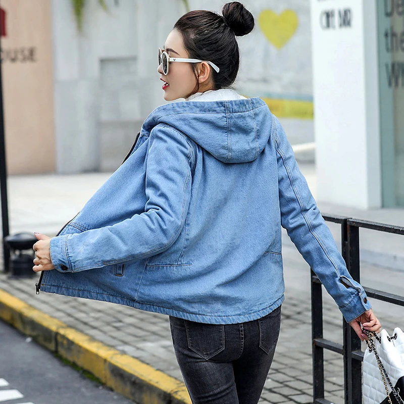 New 2020 Fashion Winter denim Jacket Casual Hooded Outwear Women Warm Lambswool Denim Coat Thickening Long Sleeve Jeans | Женская одежда