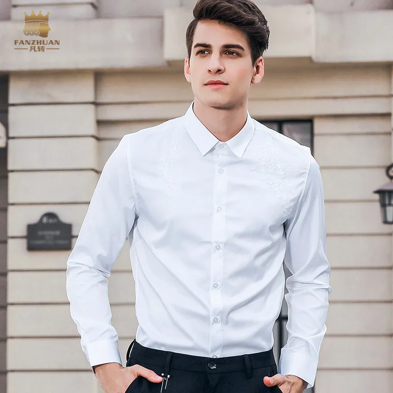 

FANZHUAN Men's male Shirt man White Fashion Clothing Groom Wedding Banquet Dress Embroidered Long Sleeve white Shirt 822037