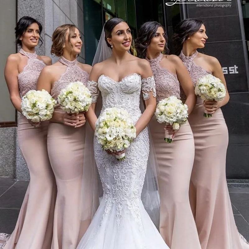 Halter Lace Applique Pearl Beaded Satin Mermaid Bridesmaid Gown Silver/Coral/Pink Cheap Bridesmaid Dresses Fast Shipping
Halter Lace Applique Pearl Beaded Satin Mermaid Bridesmaid Gown Silver/Coral/Pink Cheap Bridesmaid Dresses Fast Shipping