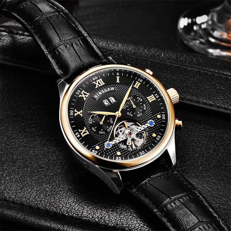 BINSSAW мужские Брендовые Часы из натуральной кожи Tourbillon Мужские автоматические