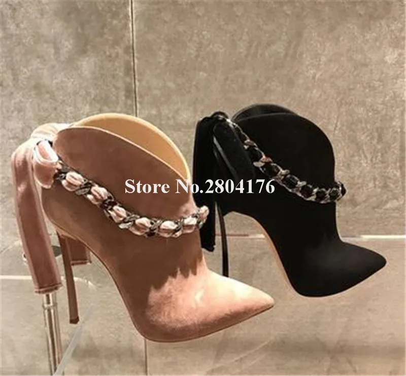 Brand Design Women Fashion Suede Leather Stiletto Metal Heel Chain Design Short Boots Pink Black Bowtie High Heel Ankle Booties
Brand Design Women Fashion Suede Leather Stiletto Metal Heel Chain Design Short Boots Pink Black Bowtie High Heel Ankle Booties