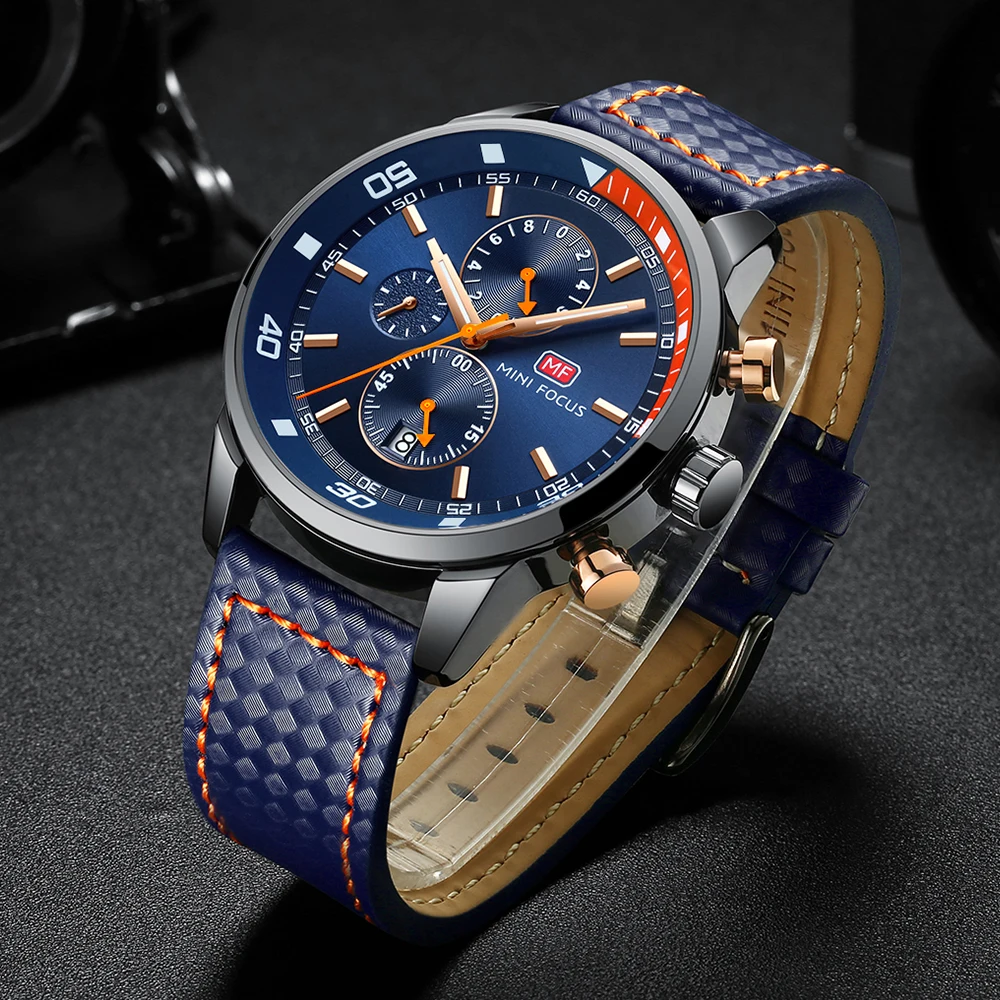 MINI FOCUS Sports Watches Men Casual Quartz Watch Top Brand Luxury Leather Strap Military Wrist Male Blue Analog Clock | Наручные часы