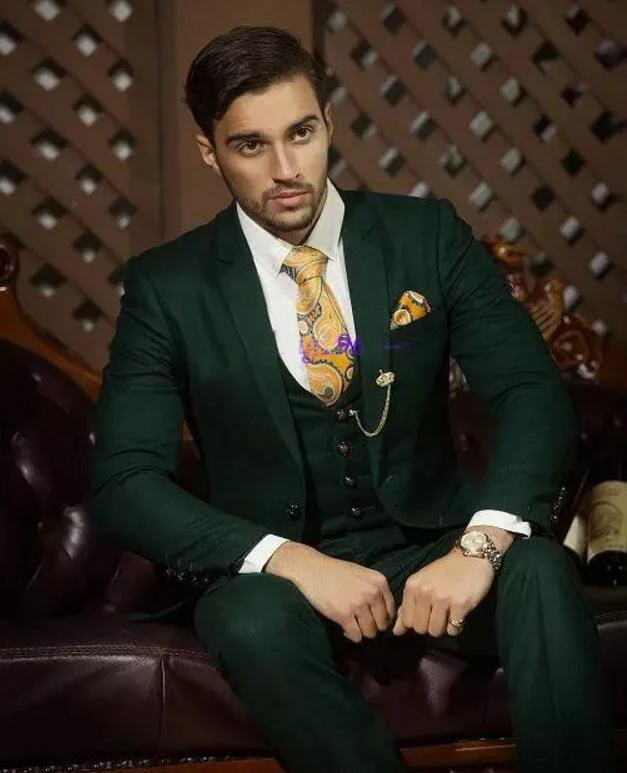 

new color Hot Recommend Dark hunter Green Groom Tuxedos Notch Lapel Men Blazer Prom Suit Business Suit (Jacket+Pants+Vest+T