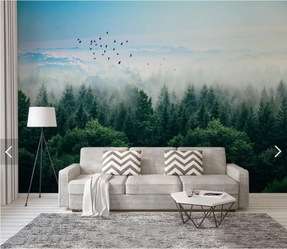 

3d Photo Wallpaper Nature Misty Pine Forests Wall Mural Nordic Foggy Forest Wallpapers Roll for Bedroom Scenery Birds Murals