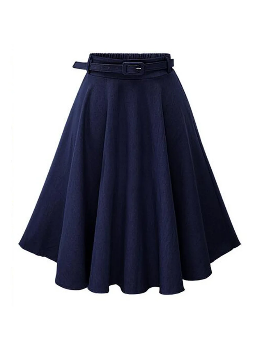 

Casual High Waist Jeans Blue Skirt For Summer Slim A-line Loose Cotton Skirt Women Knee-length Pleated Skirt For Women With Belt