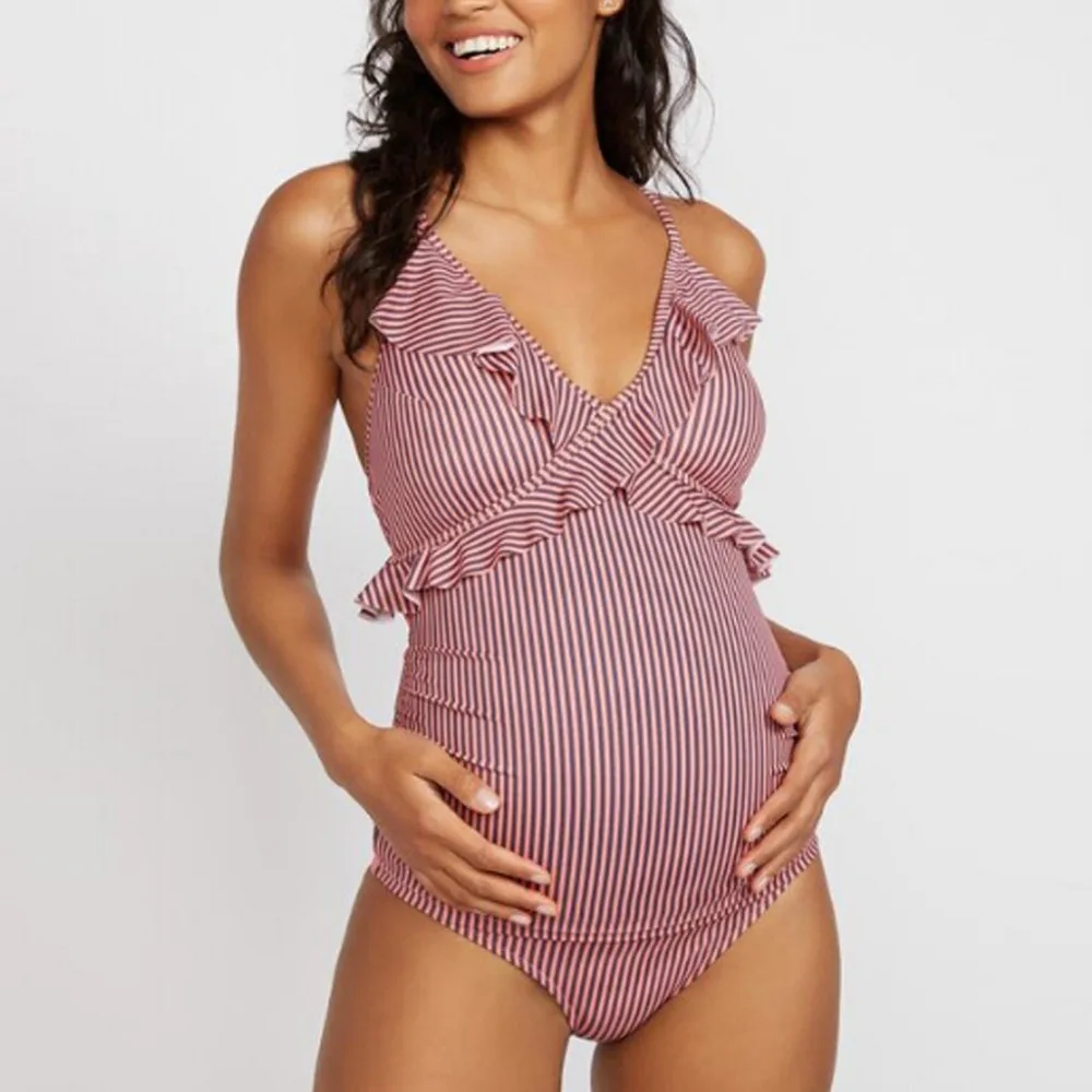 One Piece Maternity Swimwear Women Clothes 2019 Summe Stripe Print Bikinis Swimsuit Beachwear Pregnant Suit hamile mayo A1 | Спорт и