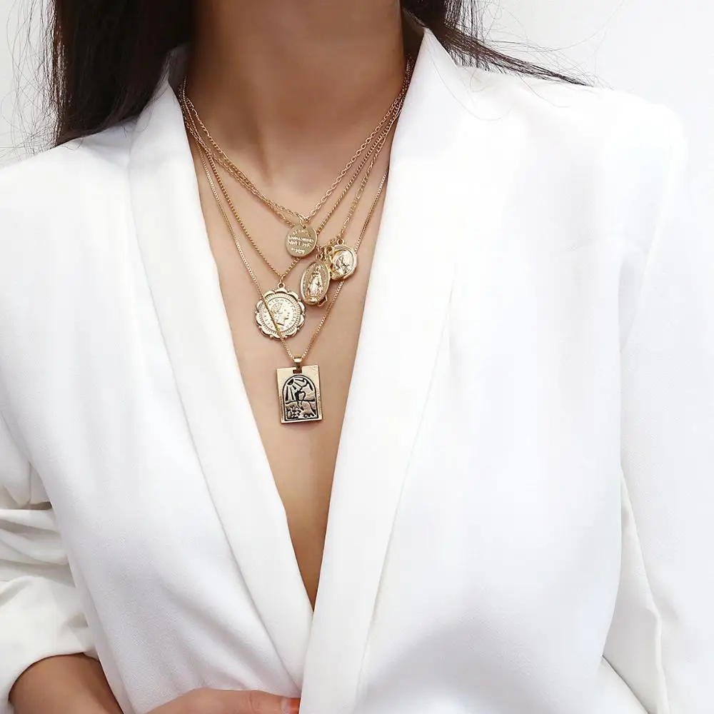 Vintage Multi Layer 4pcs Pendant Choker Necklace Virgin Mary Jesus Cross Totem Carved Coins Necklace Gift for Women
Vintage Multi Layer 4pcs Pendant Choker Necklace Virgin Mary Jesus Cross Totem Carved Coins Necklace Gift for Women