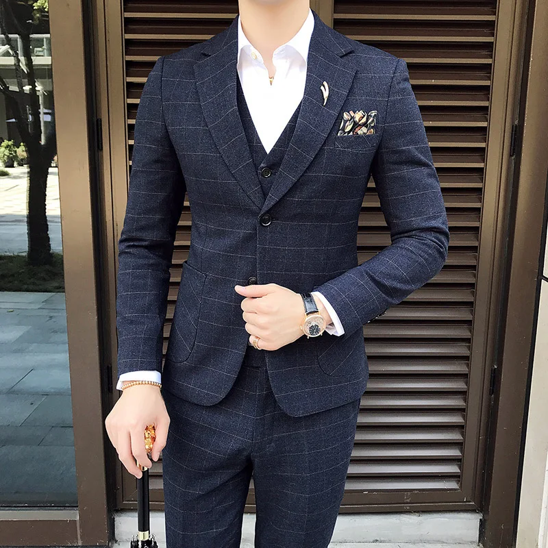 Mens Slim Plaid Three-piece Suits Male Navy Blue British Style Groom Wedding Blazers Suits
Mens Slim Plaid Three-piece Suits Male Navy Blue British Style Groom Wedding Blazers Suits