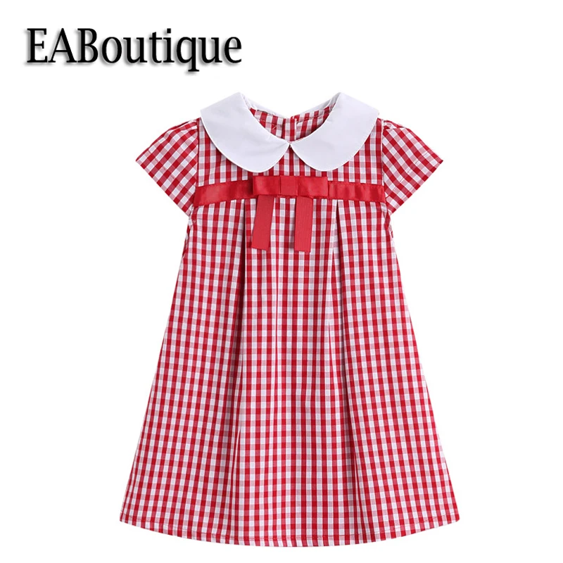 Фото EABoutique/лето Ретро мода красный плед Питер Пэн воротник с бантом для девочек платье