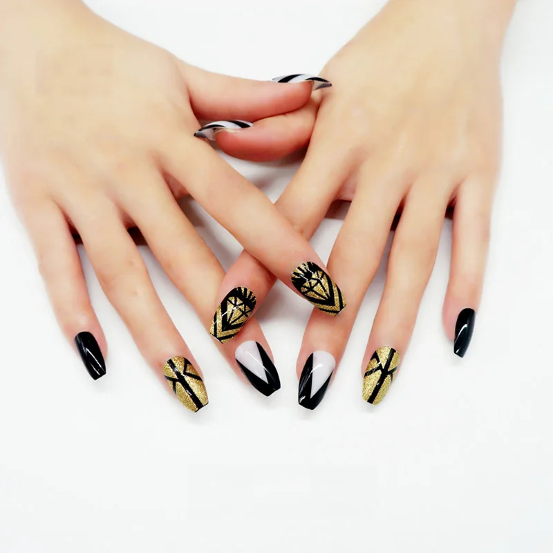 24 шт. накладные ногти черного и золотого цвета с клеем|Накладные ногти| |