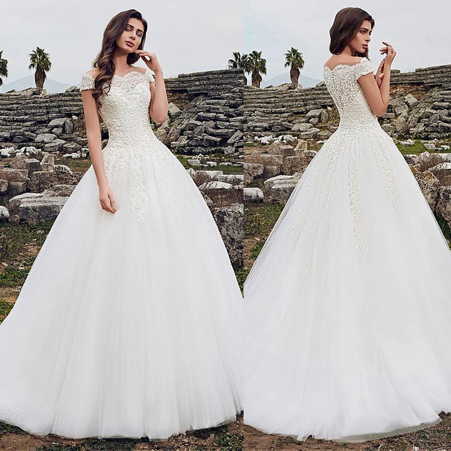 Stunning Tulle Off-the-shoulder Neckline Ball Gown Wedding Dress With Lace Appliques Bridal Gowns vestidos de festa
Stunning Tulle Off-the-shoulder Neckline Ball Gown Wedding Dress With Lace Appliques Bridal Gowns vestidos de festa
