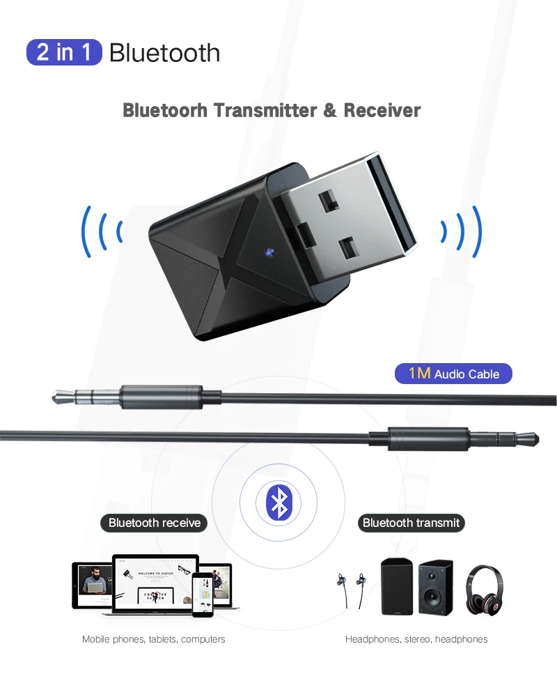 2 в 1 bluetooth 5 0 передатчик Мини usb аудио приемник aux адаптер для компьютера ТВ динамик