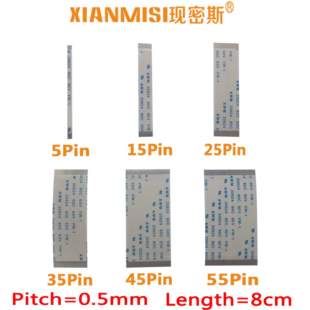 FFC/FPC Flat Flex Cable 5Pin 15Pin 25Pin 35Pin 45Pin 55Pin Same Side 0.5mm Pitch AWM VW-1 20624 20798 80C 60V Length 8cm 5PCS
FFC/FPC Flat Flex Cable 5Pin 15Pin 25Pin 35Pin 45Pin 55Pin Same Side 0.5mm Pitch AWM VW-1 20624 20798 80C 60V Length 8cm 5PCS