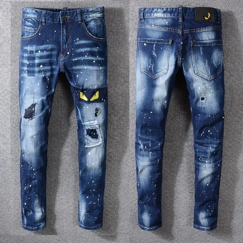 New Italy Style Men's Distressed Monster's Yellow Eyes Embroidered Oiled Pants Blue Skinny Jeans Slim Trousers Size 29-40
New Italy Style Men's Distressed Monster's Yellow Eyes Embroidered Oiled Pants Blue Skinny Jeans Slim Trousers Size 29-40