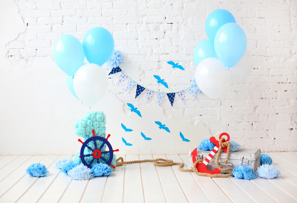

Виниловый фон для фотосъемки голубые воздушные шары белая кирпичная стена День рождения Декорации для фотостудии детский душ