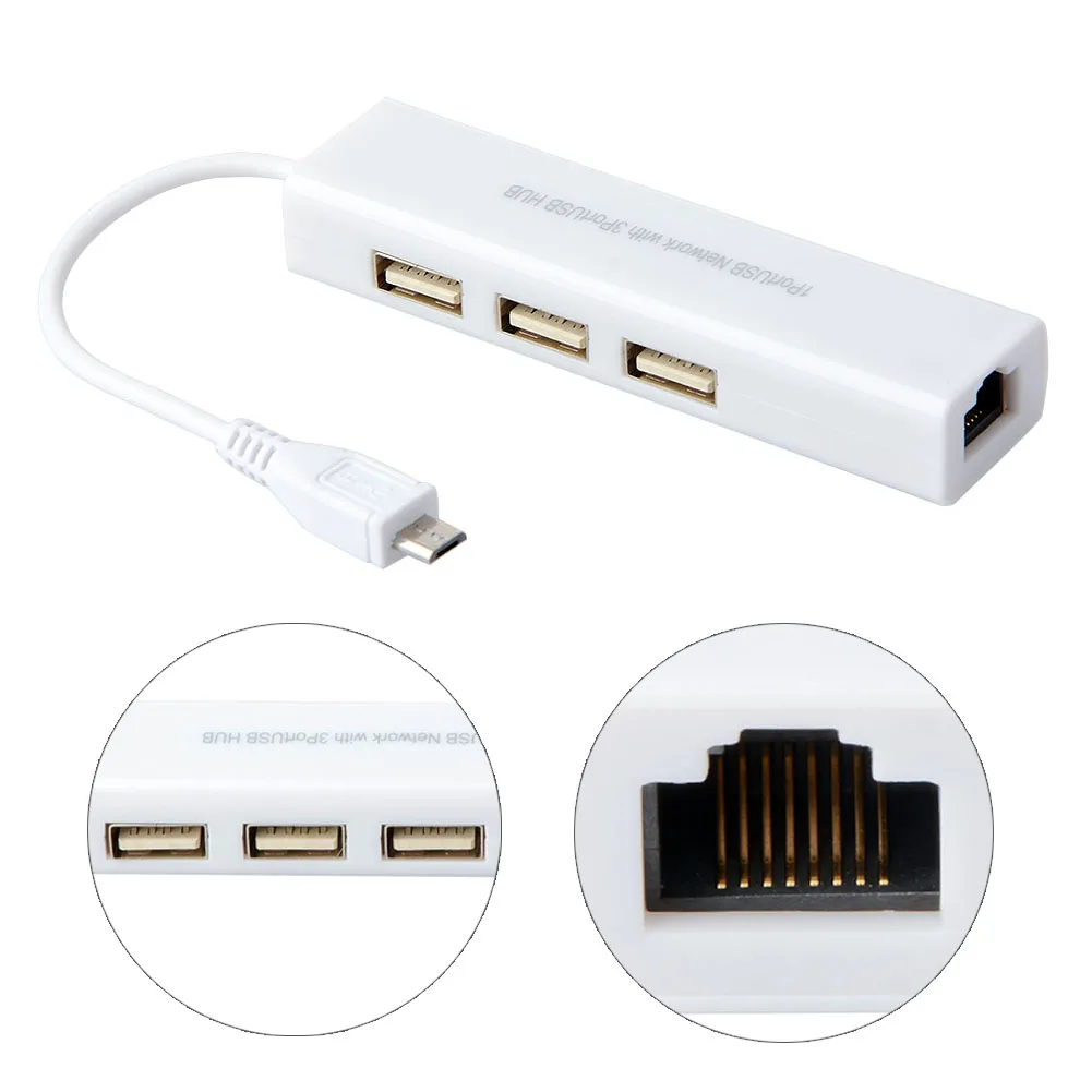 Фото Сетевой адаптер LAN к Micro USB с 3 портами 2 0 хаб Ethernet RJ45 10/100 м Сетевая карта для