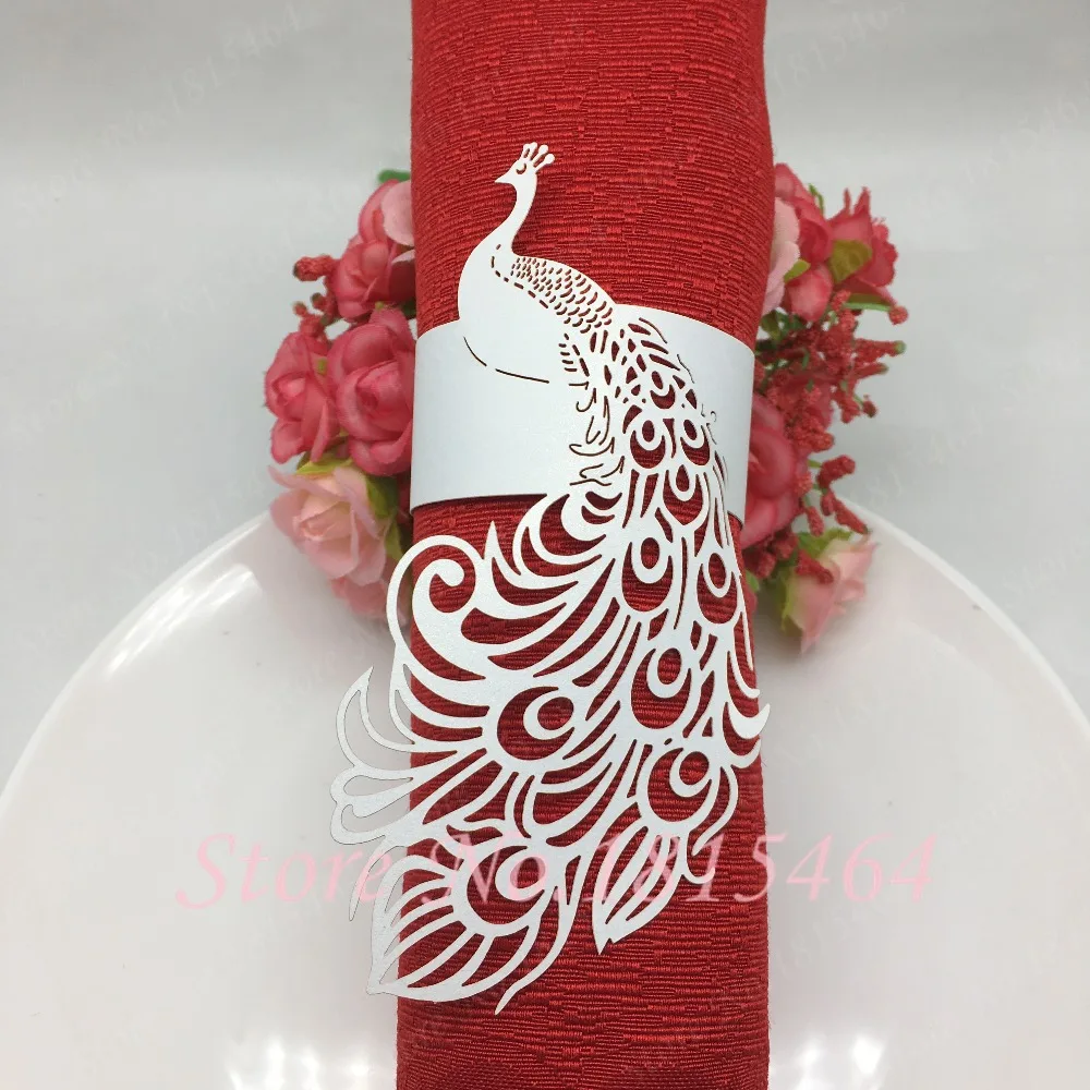

50pcs Hot Sales Wedding party Decorations Laser Cut Peacock Paper Craft Napkin Rings for Wedding Disposable Party Free Shipping