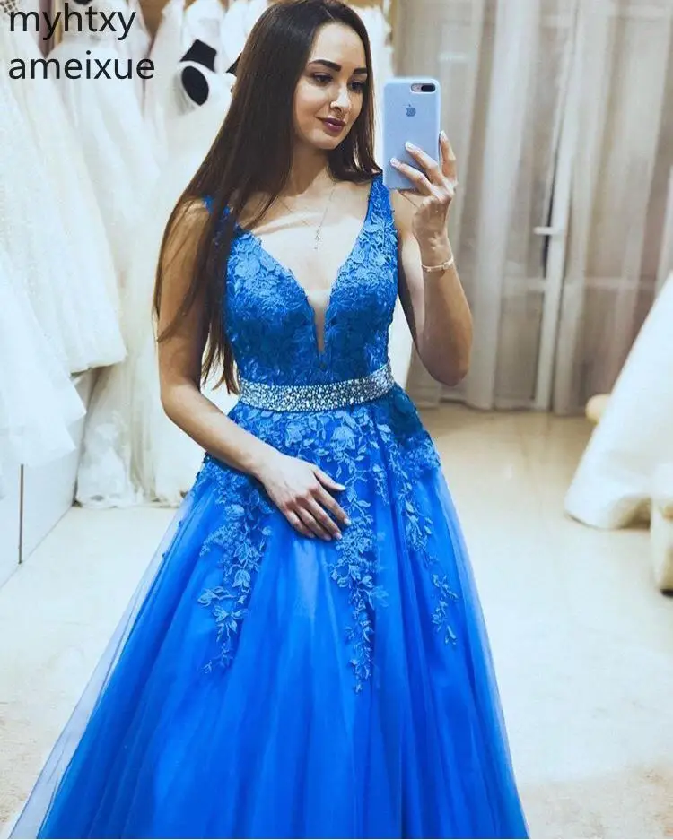 Elegant V-neck Plus Size Prom Dresses Sleeveless Royal Blue Formal Party Gows With Diamonds Sashes Floor Length Dress | Свадьбы и