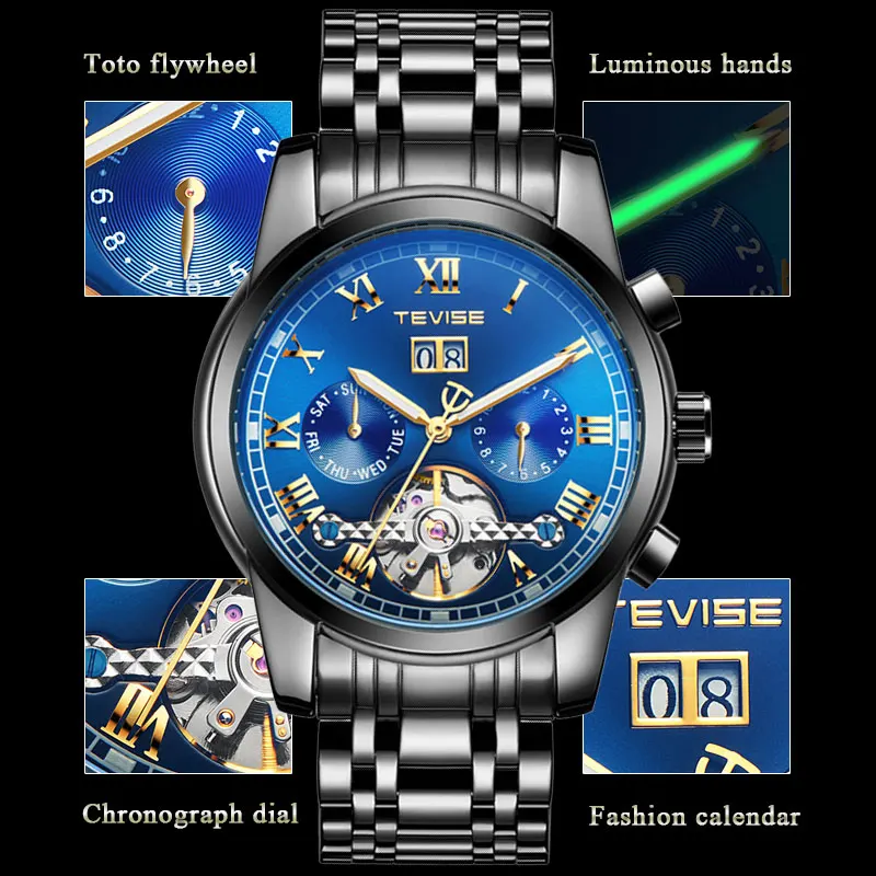 Tevise Men's Automatic Watch Fashion Men's Stainless Steel Tourbillon Movement Moon Phase Calendar Mechanical Watch Montre Homme
Tevise Men's Automatic Watch Fashion Men's Stainless Steel Tourbillon Movement Moon Phase Calendar Mechanical Watch Montre Homme