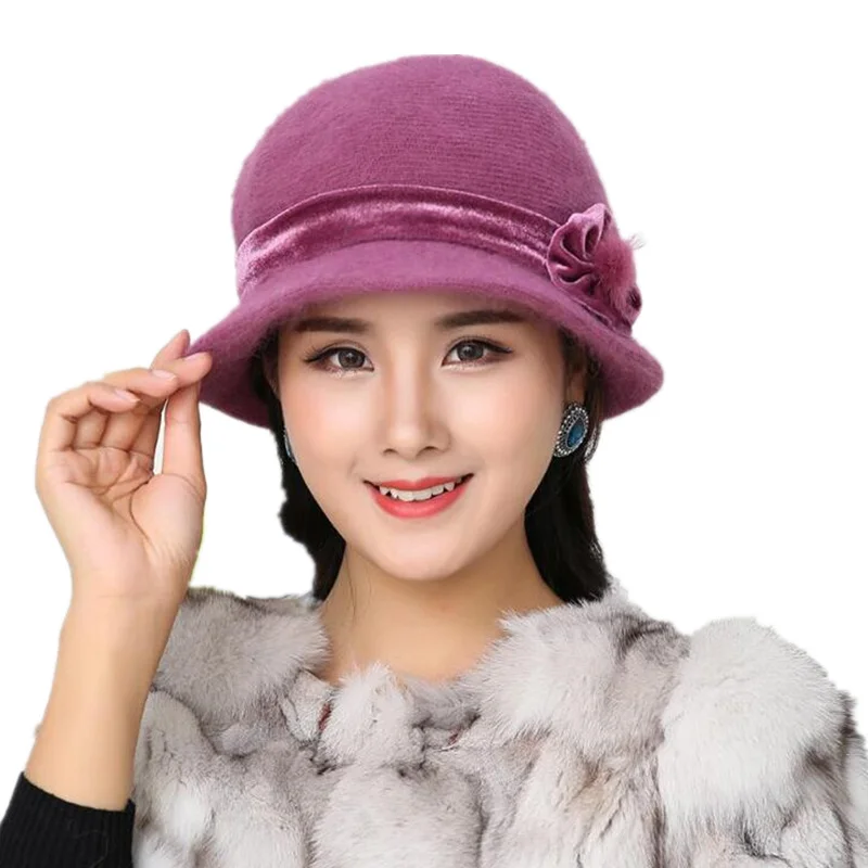 Фото Новая мода женская зимняя шапка наборы Цветочные Skullies Шерсть смешанный мех