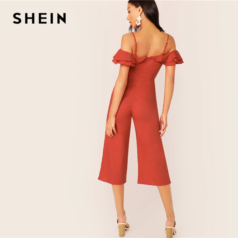 

SHEIN Cold Shoulder Layered Flounce Foldover Palazzo Jumpsuit Party Ruffle Spaghetti Strap Sleeveless Women Summer Jumpsuits