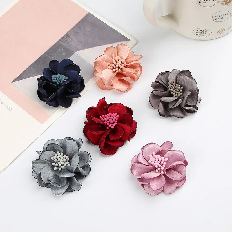 

50pcs/lot Fabric Chiffon Rosette stamen Flowers DIY Boutique Blossom Hair Flower Without Clips Girl Headband Accessories