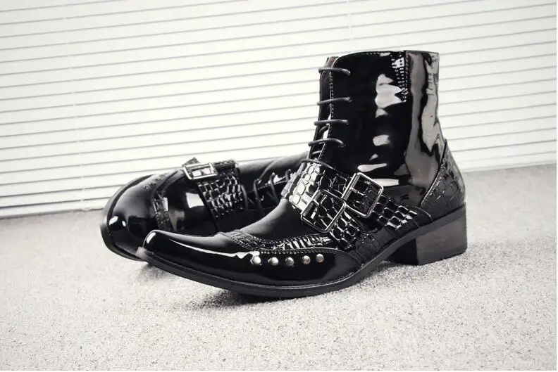 Martin Boots Shoes Men Buckle Strap Med Heel High Top Casual Shoes Meatal Rivets Lace Up Patent Leather Black Ankle Boots
Martin Boots Shoes Men Buckle Strap Med Heel High Top Casual Shoes Meatal Rivets Lace Up Patent Leather Black Ankle Boots