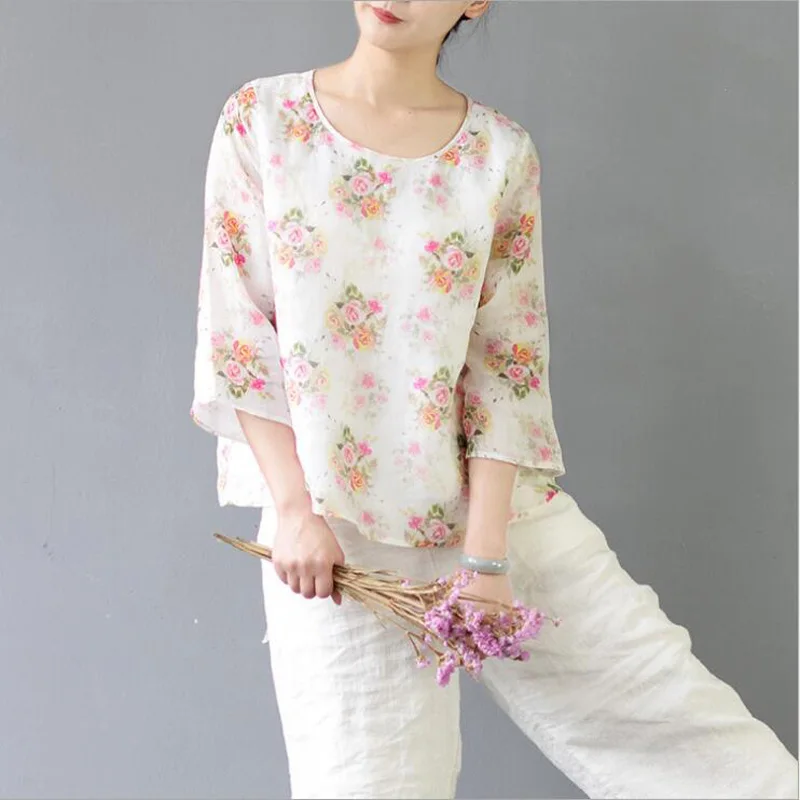 New T-Shirt Women Cotton Linen Top short Sleeve Three Quarter Brief O-neck Summer Women T shirt Sweet print flower
New T-Shirt Women Cotton Linen Top short Sleeve Three Quarter Brief O-neck Summer Women T shirt Sweet print flower