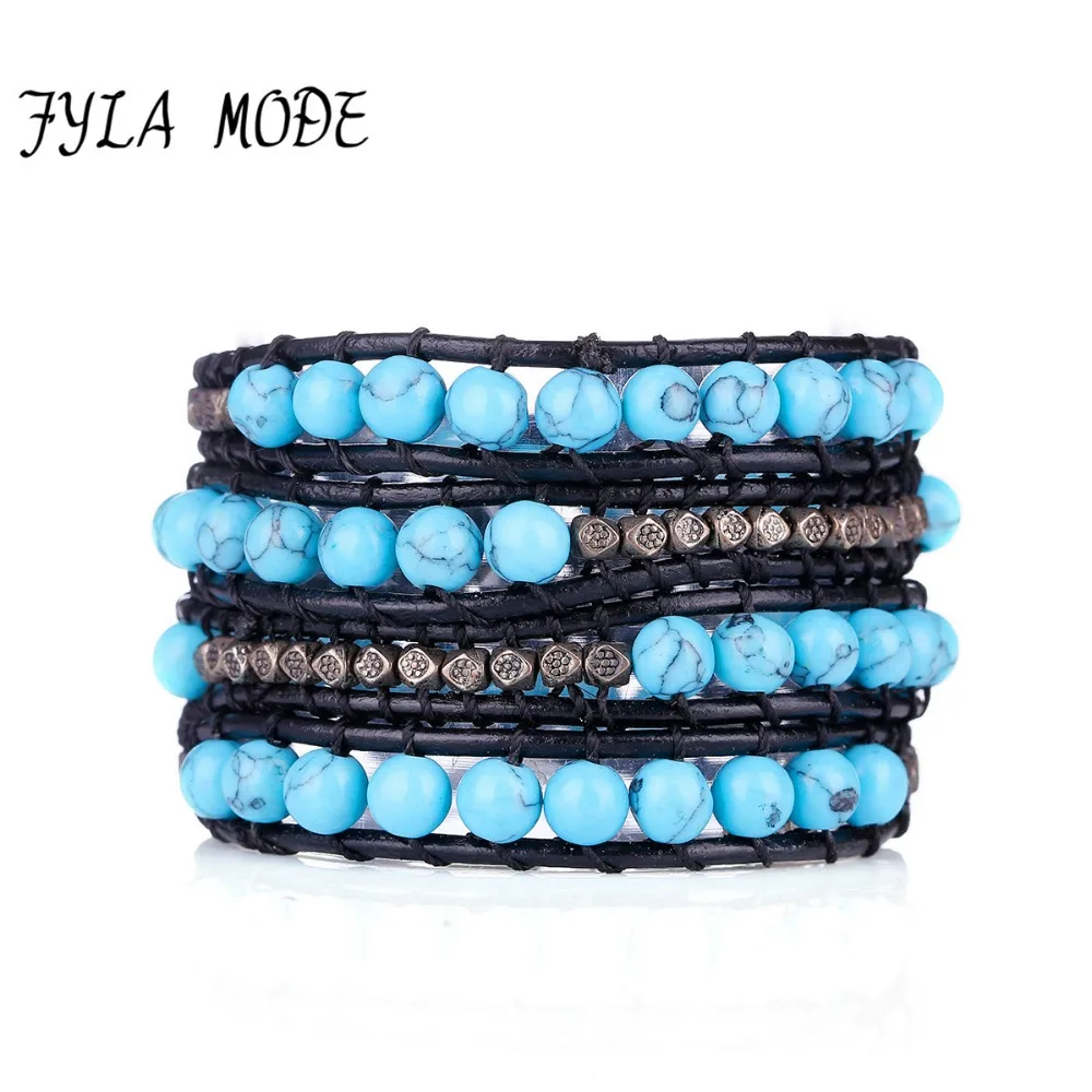 Fyla Mode Newest 6mm Blue Stone Bead Bracelet Natural Stone Black Leather Wrap Bracelet Leather Jewelry Bracelet For Lovers
Fyla Mode Newest 6mm Blue Stone Bead Bracelet Natural Stone Black Leather Wrap Bracelet Leather Jewelry Bracelet For Lovers
