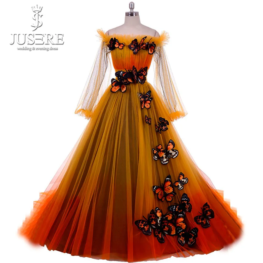 Jusere A line Off Shoulder Zipper Back Ombre Yellow Long Sleeves Tulle Lady Party Formal Gown Black Butterfly Evening Dress
Jusere A line Off Shoulder Zipper Back Ombre Yellow Long Sleeves Tulle Lady Party Formal Gown Black Butterfly Evening Dress