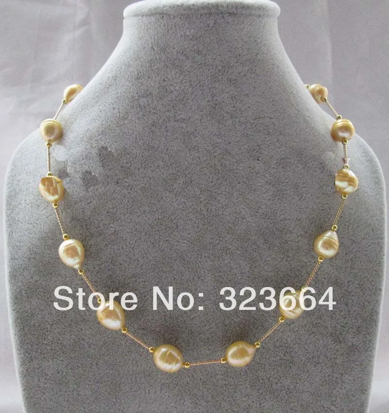 КРАСИВЫЙ 18 "13 мм Золотой барокко риса пресноводного жемчуга ожерелье|freshwater pearl
