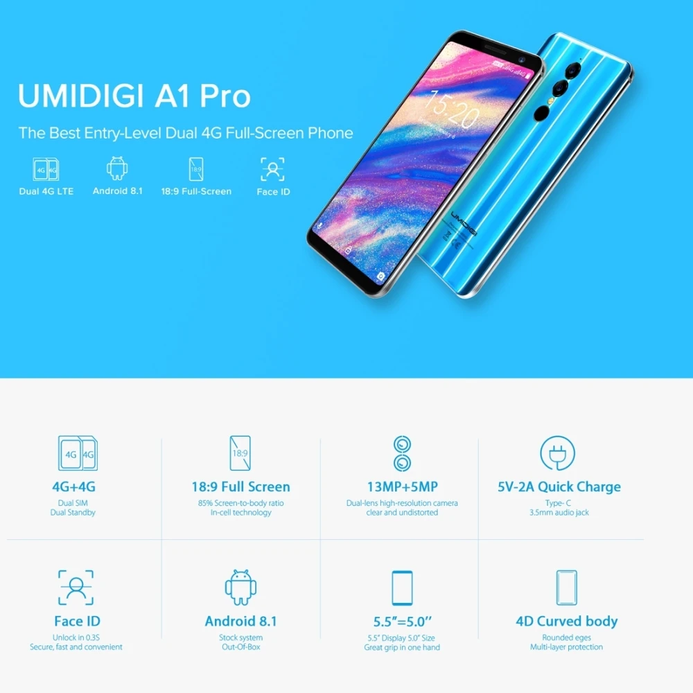 Umidigi A1 Pro смартфон Глобальный Версия 5 "Android 8 1 MTK6739 4 ядра 3 ГБ + 16 3150 мАч двойной