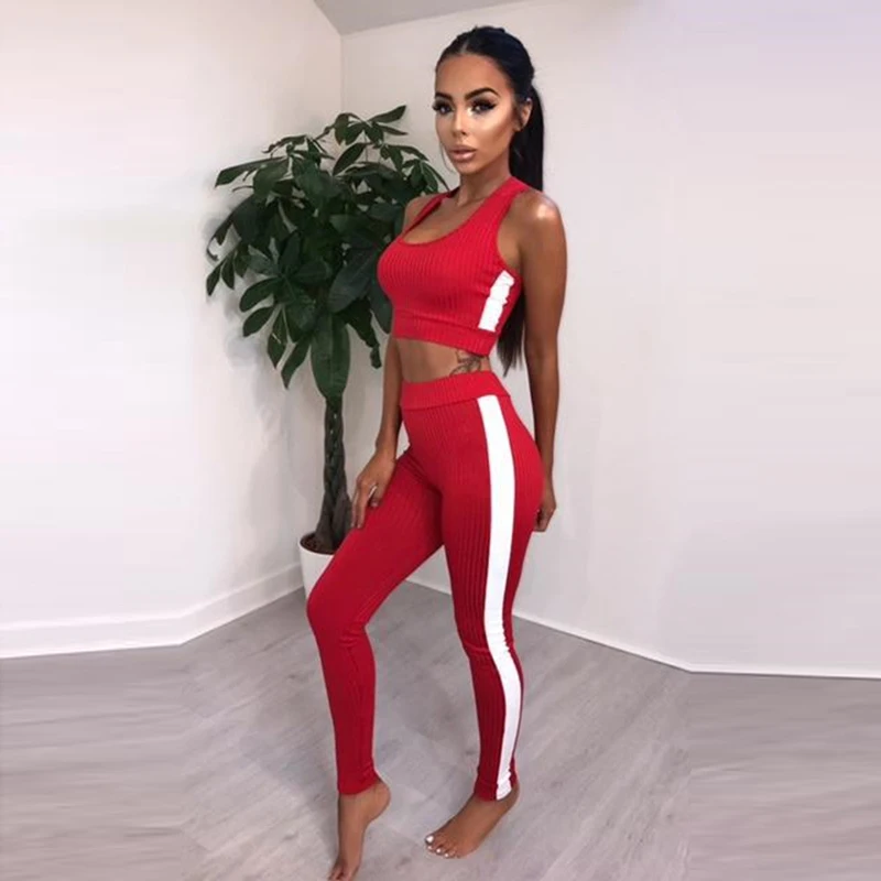 New Fashion Women's Fitness Set Casual Two-piece Suit Sleeveles Tracksuit Crop Top + Leggings 2pcs Sportswear | Женская одежда