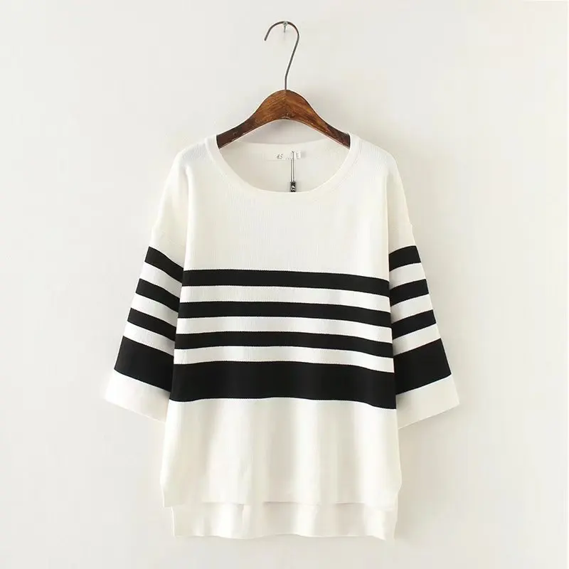 Plus Size Korean Women Stripe Sweater 2019 Autumn and Winter New Loose Black White Striped Large 5XL Female Cotton Pullover |