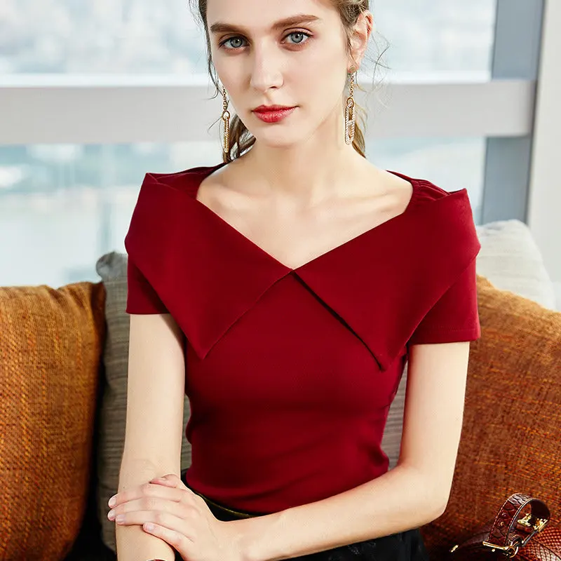 Women Tops Tees Lapel t-shirt female sense v-neck short-sleeved t-shirt heart machine large neckline dew clavicle blouse AL29235
Women Tops Tees Lapel t-shirt female sense v-neck short-sleeved t-shirt heart machine large neckline dew clavicle blouse AL29235