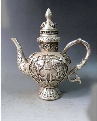 Copper Brass CHINESE crafts decor ation Asian 9 " China prata esculpida fino dois peixes oito tesouros wine pot Flagon
Copper Brass CHINESE crafts decor ation Asian 9 " China prata esculpida fino dois peixes oito tesouros wine pot Flagon
