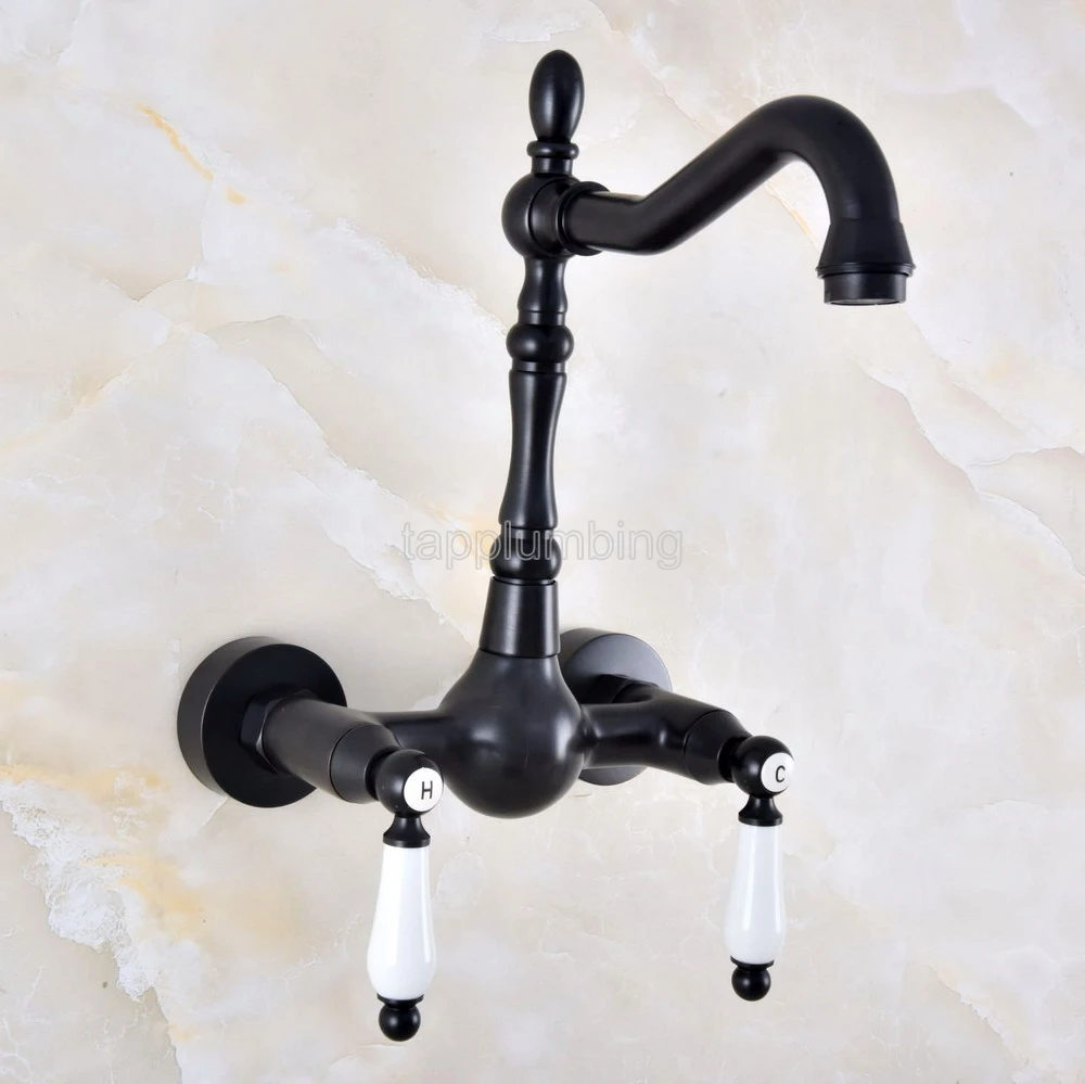 

Wall Mounted Swivel Spout Vessel Vanity Bathtub Oil Rubbed Black Bronze Dual Handles Bathroom Basin Sink Tap Mixer Faucet